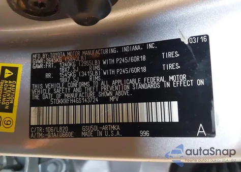 2016 Toyota Highlander Xle V6 z USA, uszkodzony, nr VIN 5TDKKRFH4GS143724